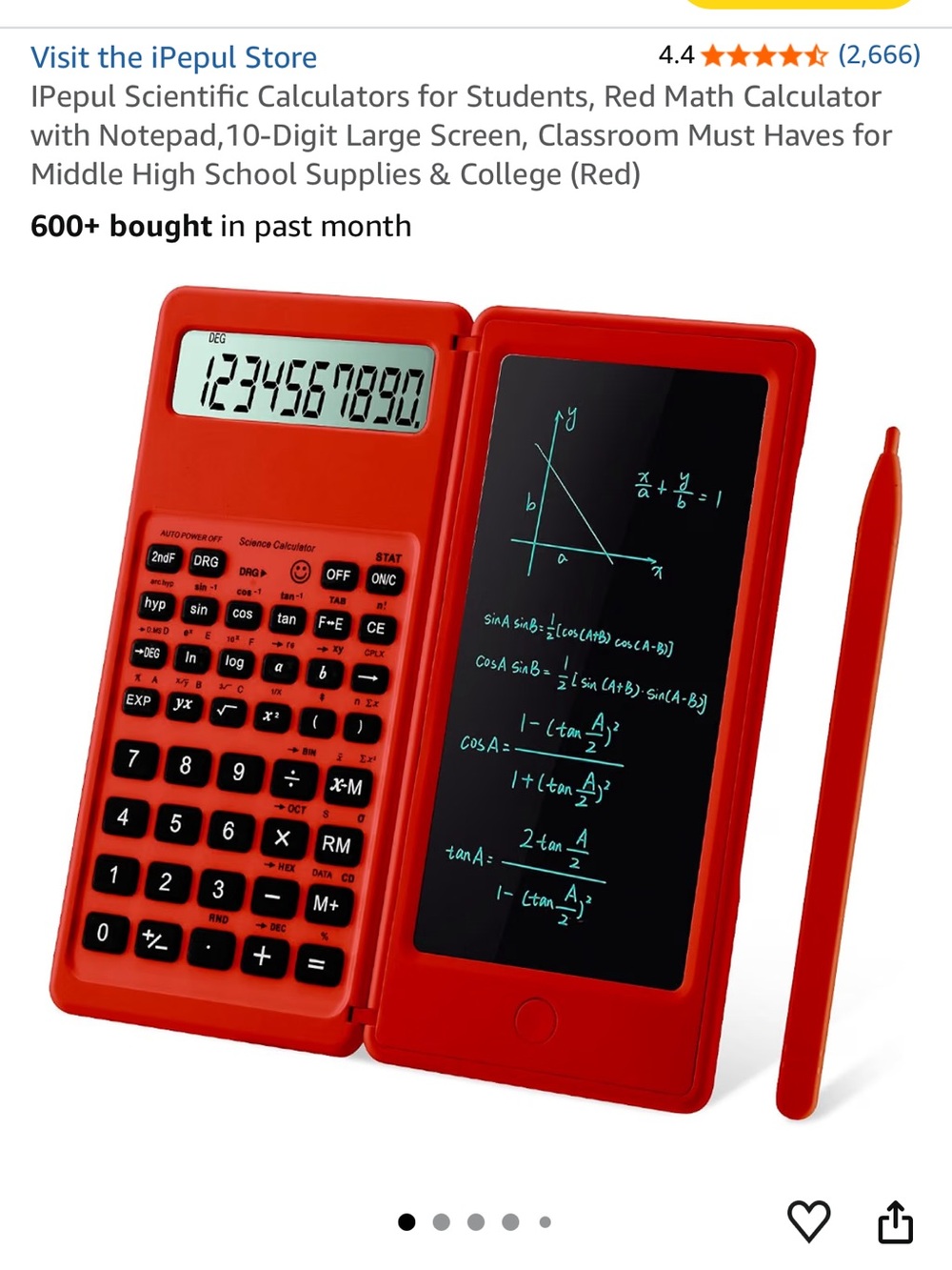Red Scientific Calculator with LCD Writing Tablet and Stylus